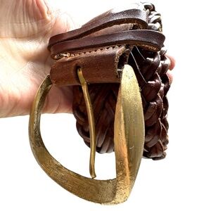 belt JOSEPH ABBOUD S/M brown braid leather gold buckle vintage boho maximalist